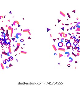 Bright festive set background with confetti of geometric elements in a Memphis style. Colored postcard.