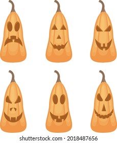 A bright festive set with the image of emotional pumpkins of Halloween symbols. Orange pumpkins of elongated shape with different emotions. Scary Jack-o-lantern facial expressions. Vector