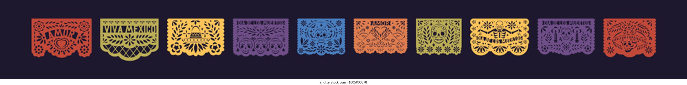 Bright festive set of mexico paper lace. Decorative papel picado with skull for Halloween or Dia De Los Muertos. Flat vector illustration of fiesta pattern for Day of the Dead isolated on black
