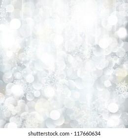 Bright and festive silver background with snow flakes, stars and bokeh lights. Beautiful template for Christmas and winter cards.