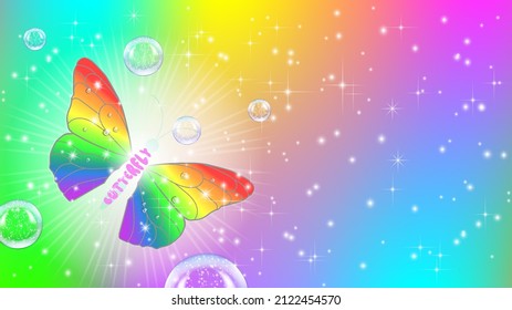 Bright festive sparkling love poster. Cartoon rainbow butterfly, stars, sparks and bubbles on a background of colored gradient
