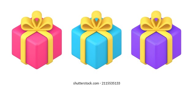 Bright Festive Squared Wrapped Gift Boxes Decorated By Tied Bow Ribbon Collection 3d Icon Template Vector Illustration. Multicolored Cube Present Package For Holiday Surprise Storage Isolated On White