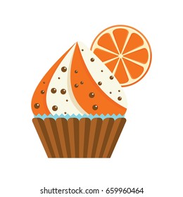 Bright and festive, tasty citrus cupcake with slice of grapefruit isolated on white background. Flat vector cartoon illustration for postcards, stickers, prints, posters, decorations, labels, cloth.
