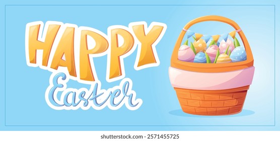 Bright festive vector cartoon banner with text Happy Easter. Horizontal blue background with wicker handmade traditional basket full of decorated Easter eggs.