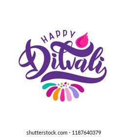 Bright festive vector text Diwali with imitation of diya oil lamp, candle flame. Decorative ornament rangoli. Outbreaks of festive fireworks. Greeting lettering on religious Indian festival Diwali.