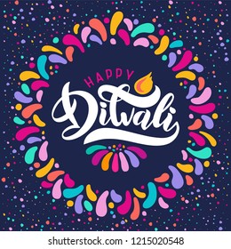 Bright festive vector text happy Diwali with imitation of diya oil lamp, candle flame. Decorative ornament rangoli. Outbreaks of festive fireworks. Greeting lettering religious Indian festival Diwali