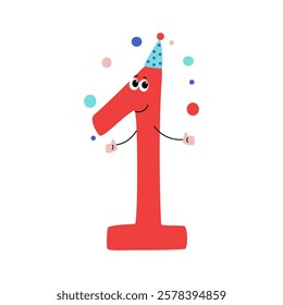 Bright figure with eyes, number 1 juggles balls. Drawing, doodle. Cartoon number with a cheerful face. Design of greeting children's card. Holiday, birthday, 1 year. 