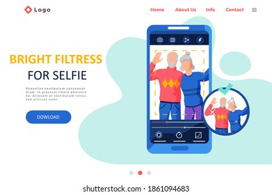 Bright filters for selfie screen interface photo frame in social media application with portrait of adult people. Selfie design app post template. Landing page with photo program on the smartphone