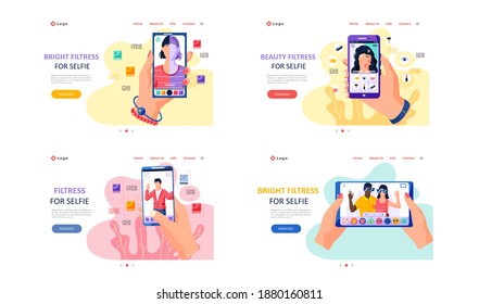 Bright filters for selfie screen interface photo frame in social media application with portrait of people. Selfie design app scenes set. Landing page with photo program on the smartphone screen