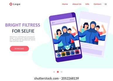 Bright filters for selfie screen interface photo frame in social media application with portrait of people. Selfie design app post template. Landing page with photo program on the smartphone screen