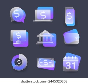 Bright Financial glassmorphism icons set on dark background. Banking icons with blue gradient