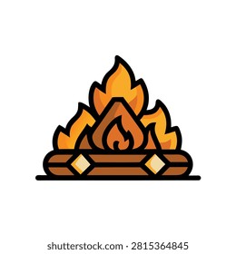 Bright fire flames flickering above rustic logs creating cozy ambiance for camping activities in dark night outdoor wilderness.