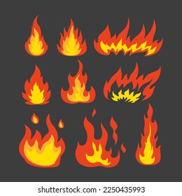 Bright fire or flames vector illustrations set. Collection of cartoon drawings of burning fire, bonfire or campfire isolated on black background. Danger, heat concept