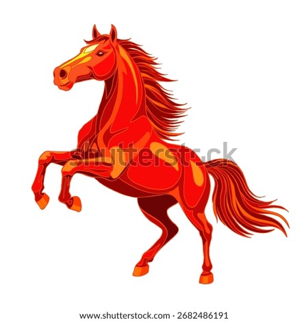 Bright Fire Horse in a dynamic pose. Symbol of Chinese New Year 2026. Red, orange and yellow Horse standing on its hind legs. Design element for cards, postcards, invitations, calendar for 2026