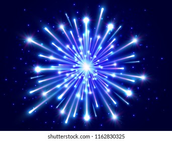 Bright firework. Color neon firework in the night sky. New Year background. Celebration design. Blue star burst. Vector illustration.