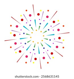 Bright firework explosion with colorful sparkle rays. Radiant outburst flare featuring abstract sunburst design. Isolated graphic on a clean white background