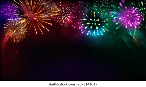 Bright firework explosions banner - colorful luminous patterns on dark background. Realistic pyrotechnic show with sparkling trails and glowing particles for celebration designs or digital artwork.