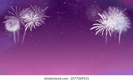 Bright fireworks against a dreamy purple night sky with subtle star constellations, perfect for festive and celebratory designs.