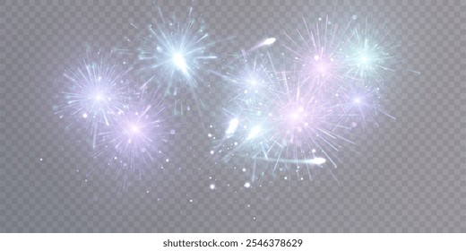 Bright fireworks. Colorful explosion of multicolored bright fireworks lights isolated on transparent background. Vector	