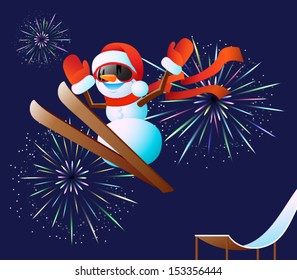 Bright fireworks and cute snowman jumping of a springboard on skis. EPS8 