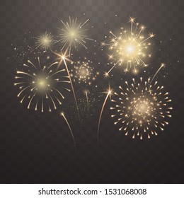 Bright fireworks explosions isolated on transparent background. New Year's Eve fireworks. Festive sparks and explosions. Realistic light effect. Element for yor design. Vector illustration