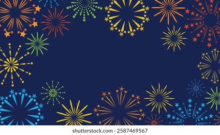 Bright fireworks frame on a navy blue background. Festival greeting card with empty space for text.