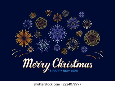 Bright fireworks on a dark background. Merry Christmas and Happy New Year lettering. Holiday greeting card. Vector flat illustration.