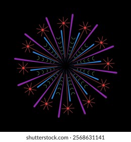 Bright fireworks outburst with vivid sparkle rays. Abstract light explosion inspired by sunrays. Vibrant banger icon on black background with circular flare design