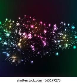 Bright fireworks. Shimmering reflections. Vector background. Celebration.