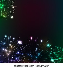 Bright fireworks. Shimmering reflections. Vector background. Celebration.
