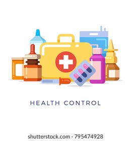 Bright first aid kit concept isolated on white background. Vector illustration