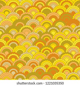 Bright fish scales squama background, vector seamless fabric pattern, tiled textile print. Classic chinese squama scales seamless arc tiles mosaic. Textile pattern.
