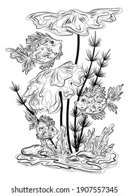 Bright fish swim near different types of algae. The bottom of a lake, pond or river. Vector line art. Coloring book for children and adults