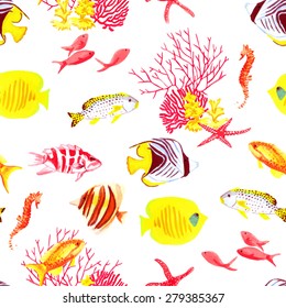 Bright fishes and algae watercolor seamless vector pattern