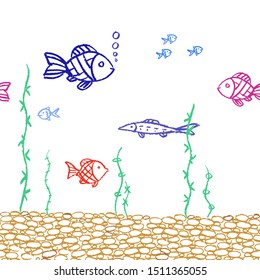 Bright fishes at the bottom of river on white background. Vector fishes, water plant and pebbles pattern from blue, green, pink and red wax crayons.