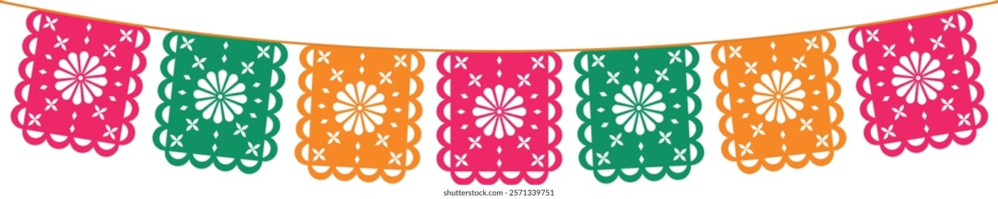 Bright flags with ornaments for Mexican holidays. Colored papel picado paper. Isolated vector illustration.