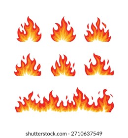 Colección llameante brillante con llamaradas rojas, naranjas y amarillas, con Formas de fuego dinámicas ideales para íconos, efectos y Diseño gráfico.