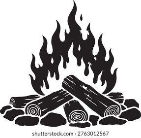 Bright flames rise from a rustic campfire with crossed logs and rocks in a minimalistic silhouette style for camping and outdoor themes