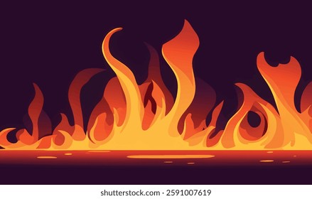Bright flames rising and moving at dark nigh in blurred background. Fire embers particles wallpaper on black background. Fire flames vector illustration isolated on black background.