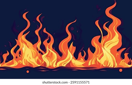 Bright flames rising and moving at dark nigh in blurred background. Fire embers particles wallpaper on black background. Fire flames vector illustration isolated on black background.