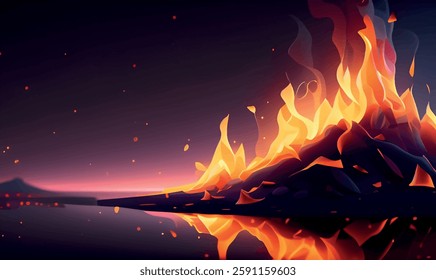 Bright flames rising and moving at dark nigh in blurred background. Fire embers particles wallpaper on black background. Fire flames vector illustration isolated on black background.
