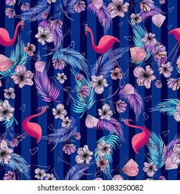 Bright flamingo and flower elements on blue striped background, seamless vector pattern