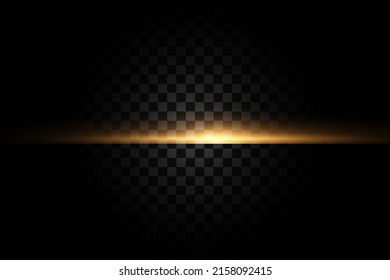 Bright flash of a beam of light, dawn, a beautiful neon horizontal line on a transparent background.