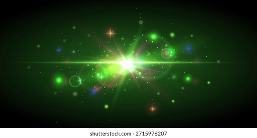 Um flash brilhante. Um raio de luz brilhante, partículas brilhantes, um efeito de estrela brilhante. Um flash de luz e uma explosão.