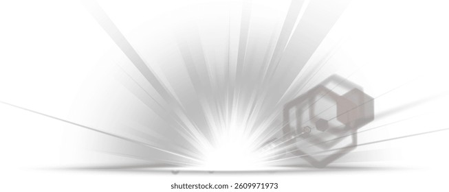 Bright flash explodes with glowing rays on transparent background. Magical sparkles drift gently in radiant light burst. Starburst shines intensely, forming vivid white core flare. Solar flare 
