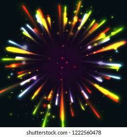 Bright flash of fireworks on a dark background. Vector illustration