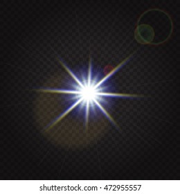 Bright flash with glowing rays and optical flare, the sun or star. Template for design of websites, printing on fabric, paper. Space theme