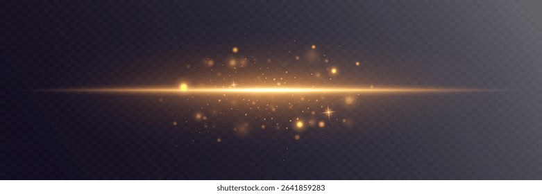 Bright flash of golden light. Horizontal lines of light. Light flash of sparks and magic dust. Vector.