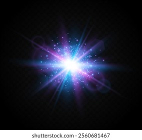 Bright flash of light with blue-violet highlighting. Solar flare. Glowing effect.  Bright glowing bright starburst with shimmering highlights. Beautiful light effect with shimmering highlights. 