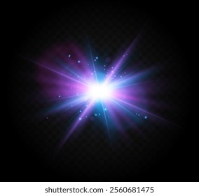 Bright flash of light with blue-violet highlighting. Solar flare. Glowing effect.  Bright glowing bright starburst with shimmering highlights. Beautiful light effect with shimmering highlights. 
